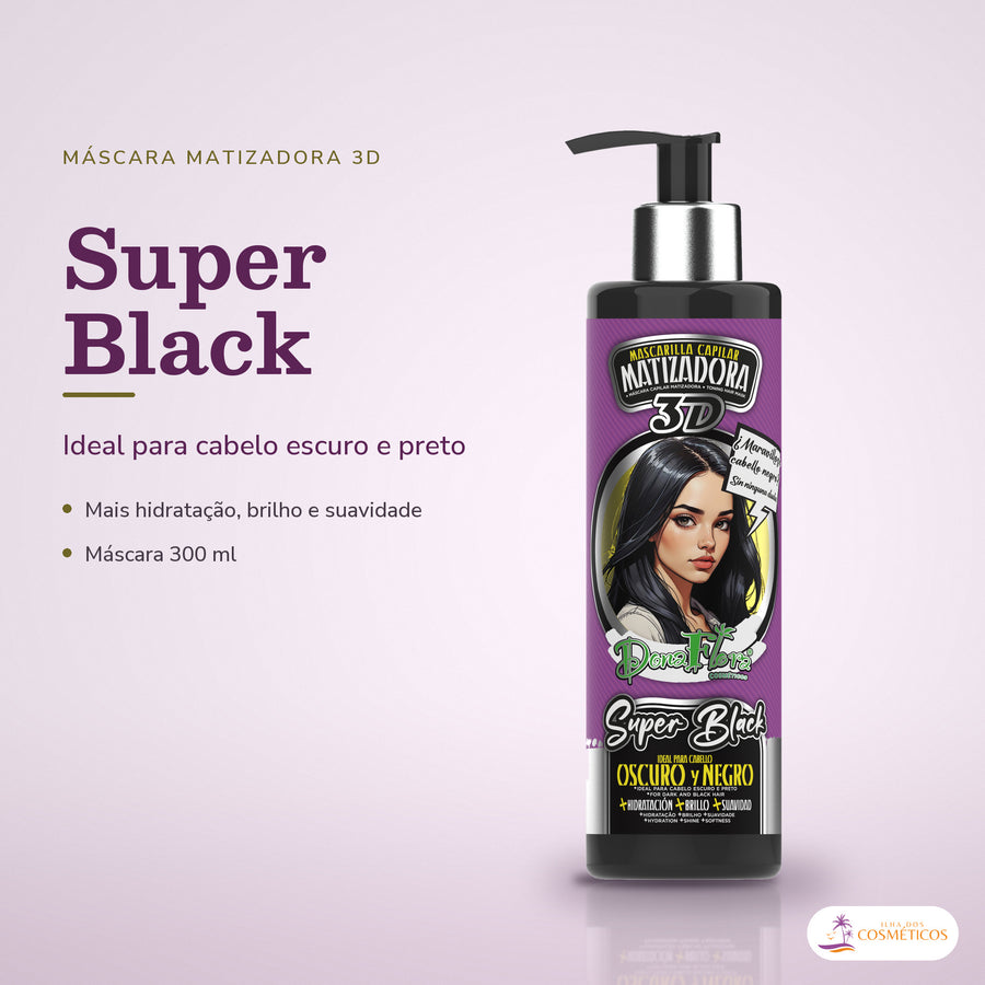 Máscara Matizadora Super Black Dona Flora Tom Preto: pote em fundo de estúdio, com o nome da linha e as notas