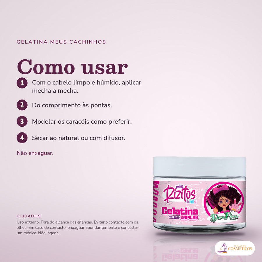 Gelatina Capilar Meus Cachinhos Kids Dona Flora: passos numerados de como usar e os cuidados no fundo