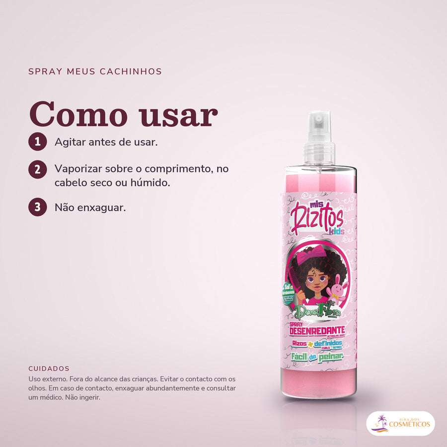 Spray Desembaraçante Meus Cachinhos Kids Dona Flora: passos numerados de como usar e os cuidados no fundo
