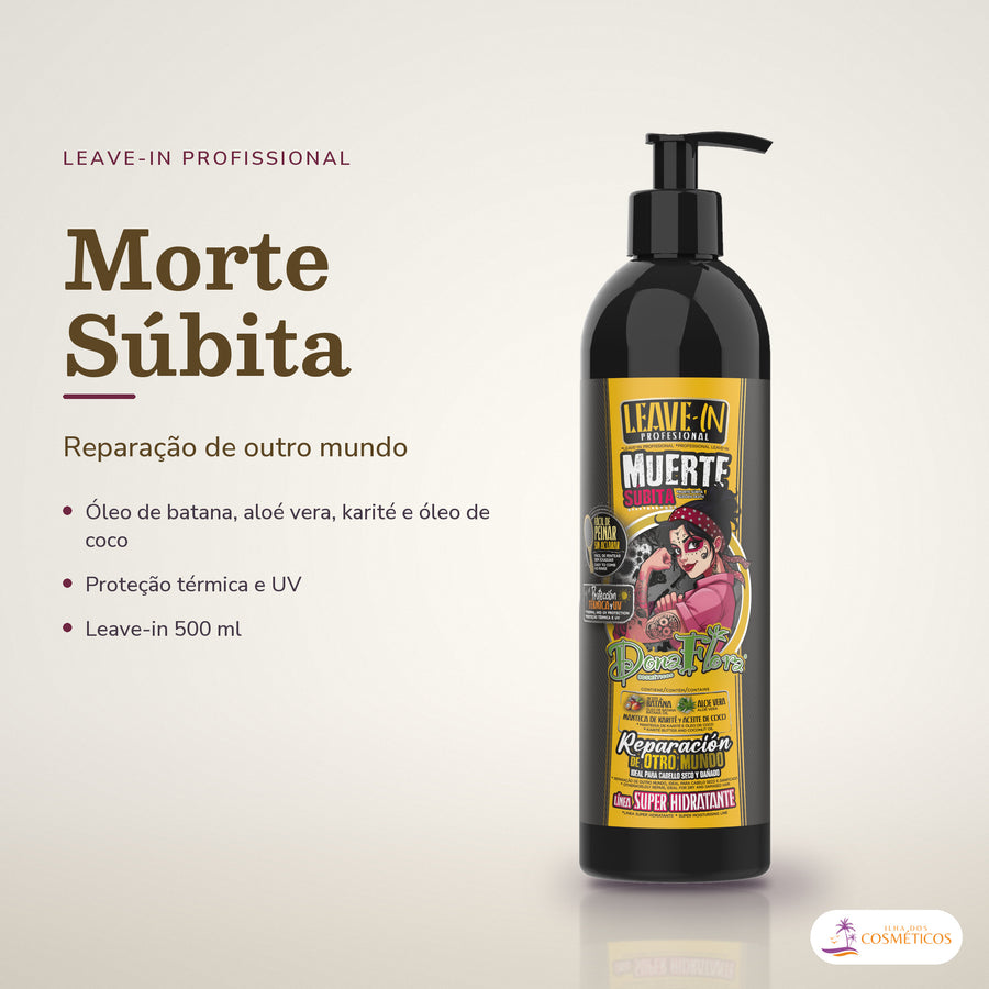 Leave-in Morte Súbita Dona Flora Proteção Térmica e UV: frasco em fundo de estúdio, com o nome da linha e as notas