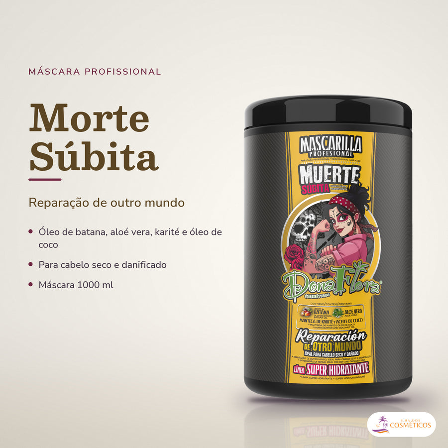 Máscara Morte Súbita Dona Flora Super Hidratante: pote em fundo de estúdio, com o nome da linha e as notas