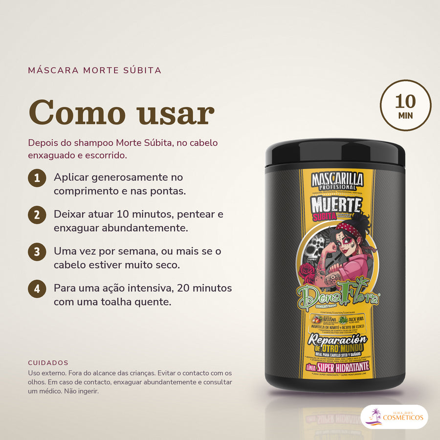 Máscara Morte Súbita Dona Flora Super Hidratante: passos numerados de como usar e os cuidados no fundo
