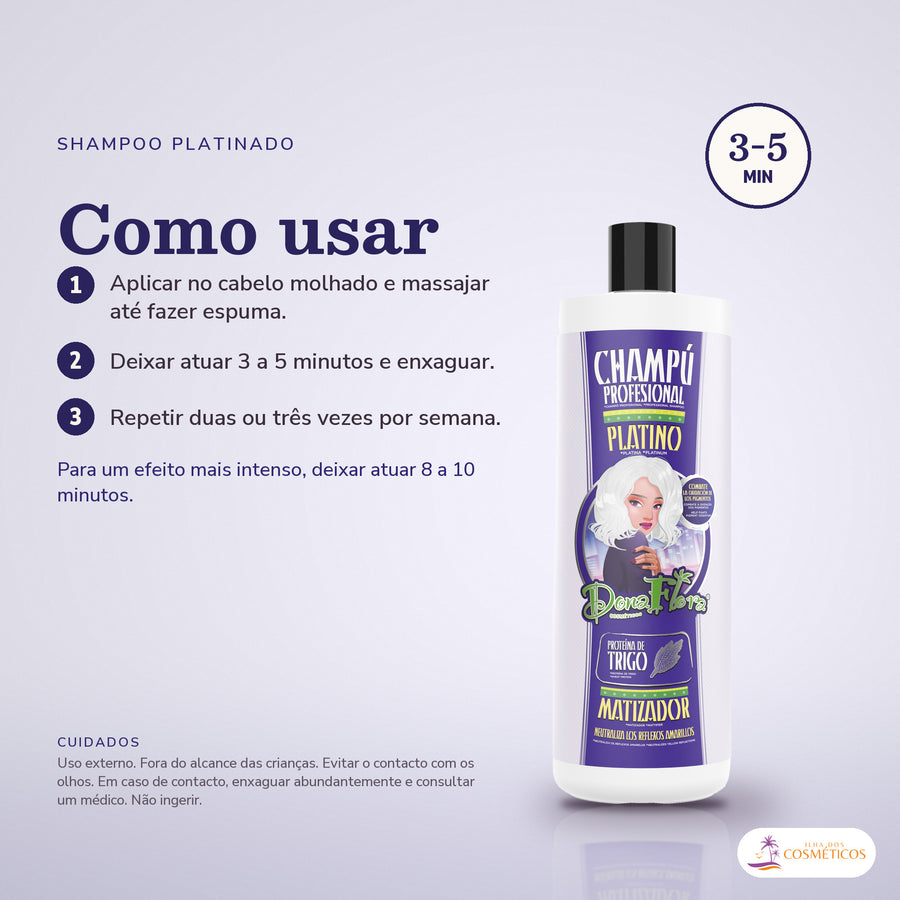 Shampoo Matizador Platinado Dona Flora Cabelo Loiro: passos numerados de como usar e os cuidados no fundo