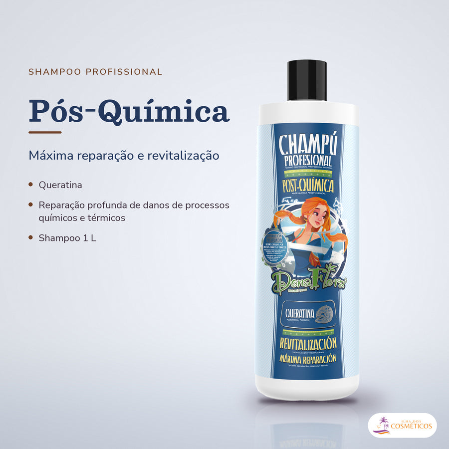 Shampoo Pós-Química Dona Flora: frasco em fundo de estúdio, com o nome da linha e as notas