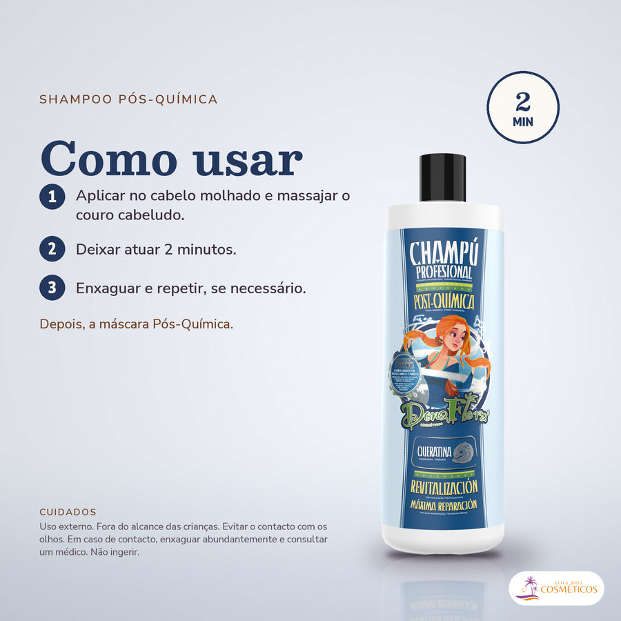 Shampoo Pós-Química Dona Flora: passos numerados de como usar e os cuidados no fundo