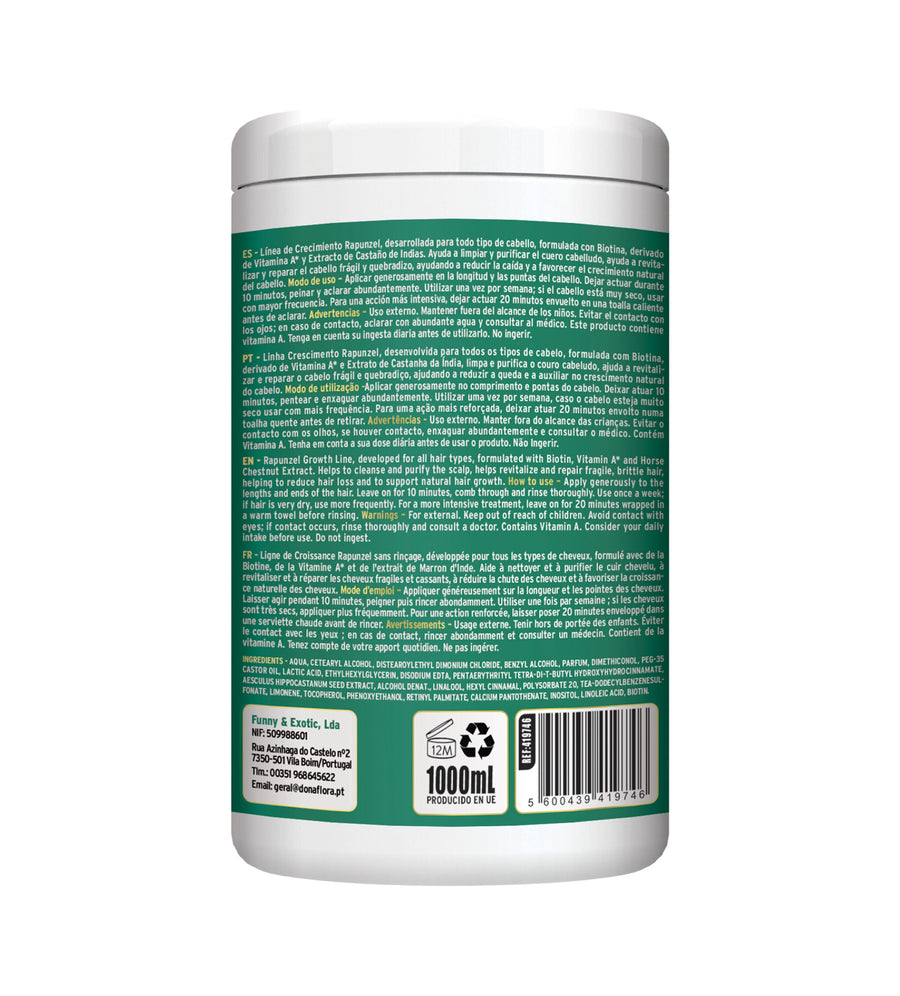 Dona Flora Rapunzel Máscara Crescimento com Biotina 1000ml: o verso da embalagem, com o texto do rótulo