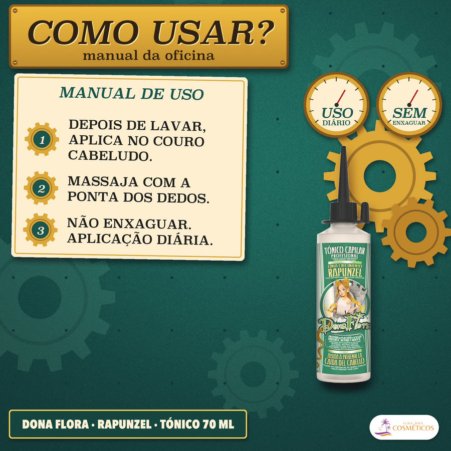Tónico Rapunzel Dona Flora Ajuda na Prevenção da Queda: como usar, no couro cabeludo depois de lavar, todos os dias