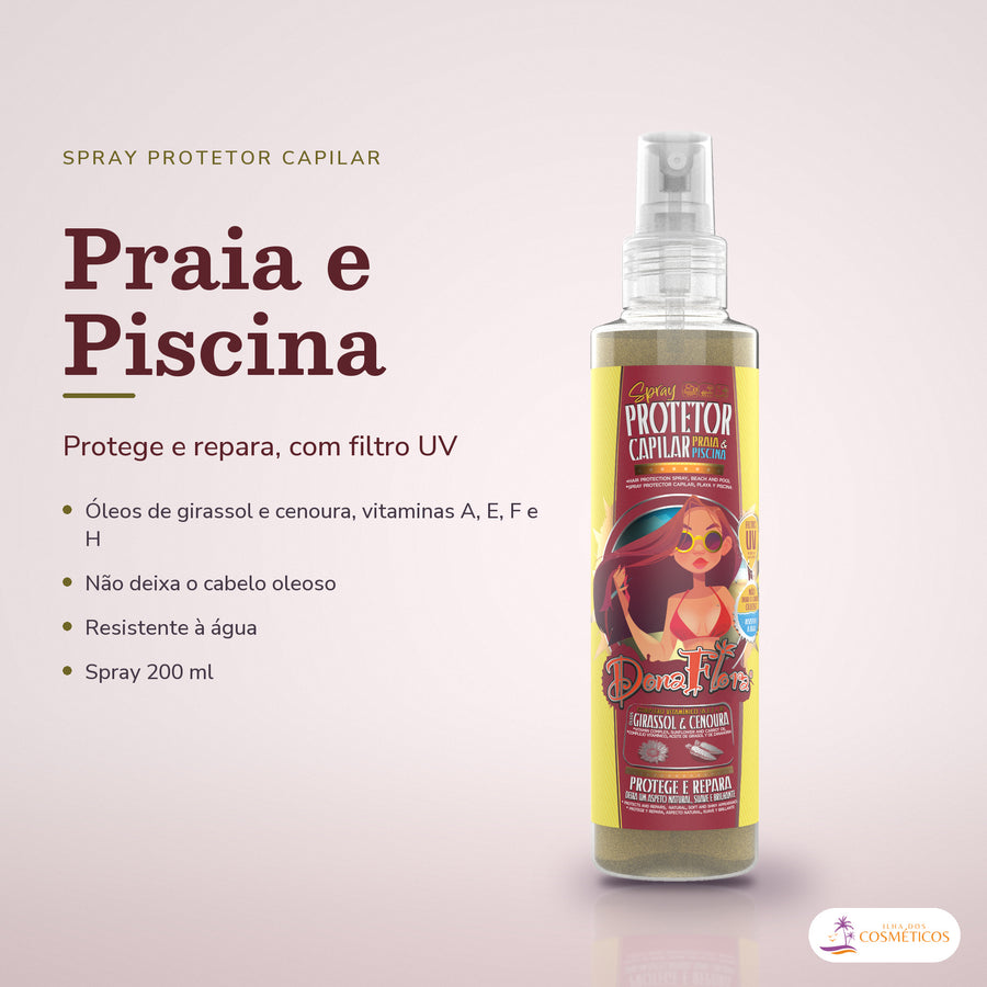 Protetor Capilar Praia e Piscina Filtro UV Dona Flora: frasco em fundo de estúdio, com o nome da linha e as notas