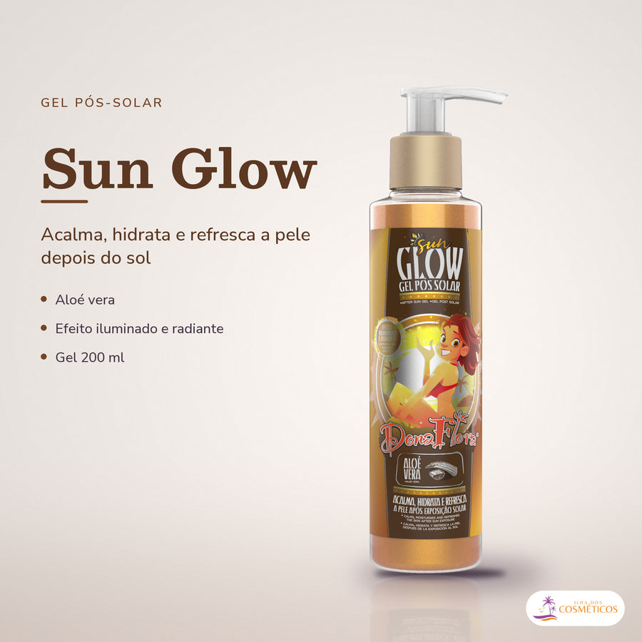 Gel Pós Solar Sun Glow Dona Flora Efeito Iluminado: frasco em fundo de estúdio, com o nome da linha e as notas