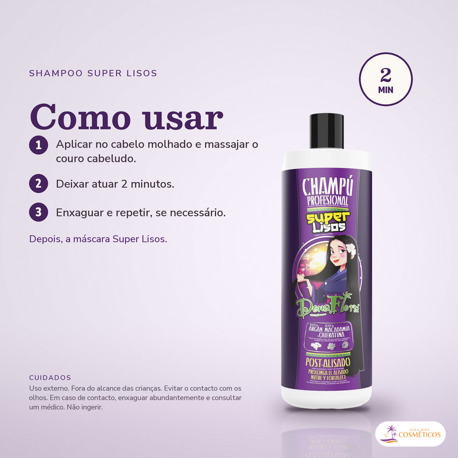 Shampoo Pós-Alisamento Dona Flora Super Lisos: passos numerados de como usar e os cuidados no fundo