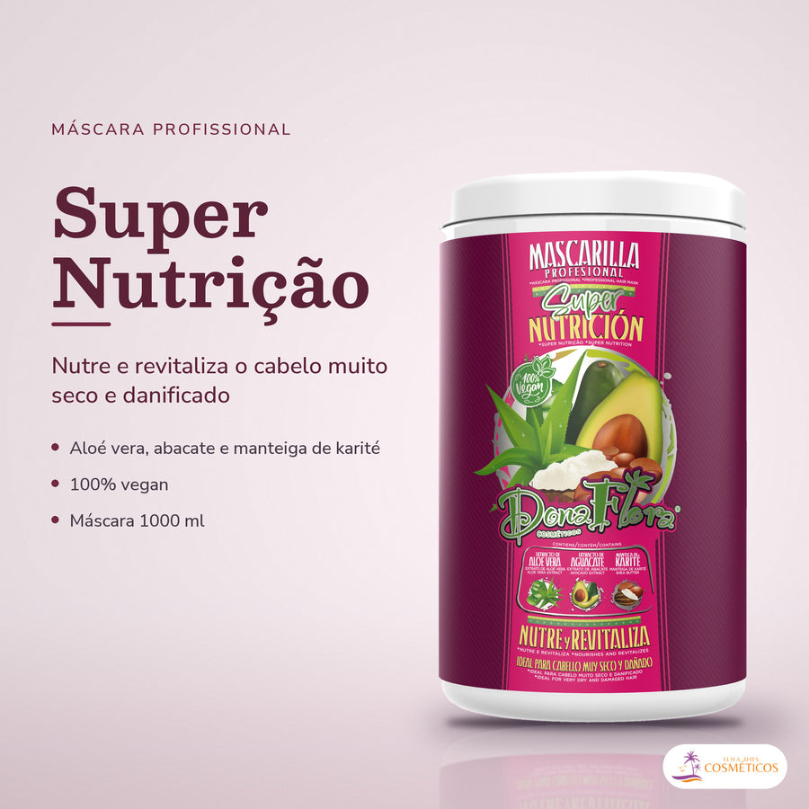 Máscara Super Nutrição Dona Flora: pote em fundo de estúdio, com o nome da linha e as notas