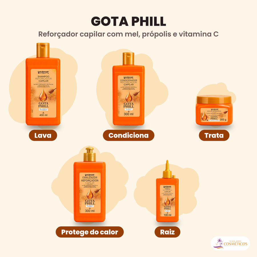 A linha Gota Phill da Gota Dourada completa, com o tónico no passo «raiz»