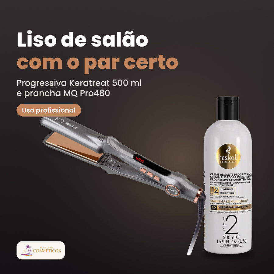 Pack de progressiva Haskell Keratreat 500 ml e prancha MQ Pro480, para uso profissional