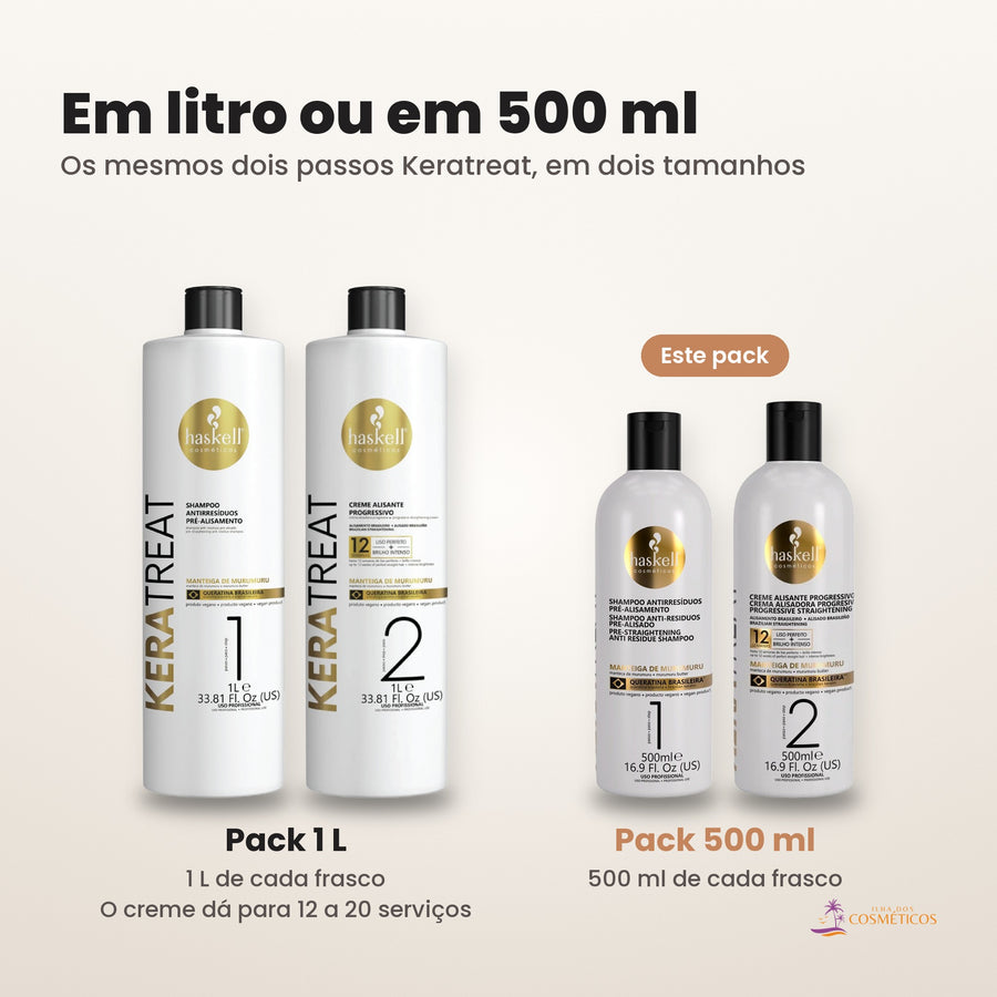 Packs Haskell Keratreat de 1 L e de 500 ml lado a lado, com o shampoo Passo 1 e a progressiva Passo 2