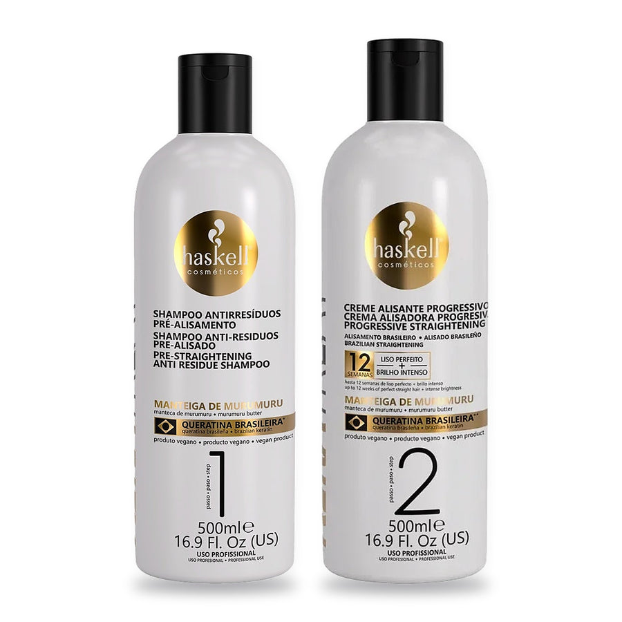 Haskell Keratreat Pack Progressiva e Shampoo 500ml, o shampoo Passo 1 e a progressiva Passo 2 de frente sobre fundo branco