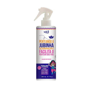 Spray Desembaraçante Penteando a Jubinha Widi Care 300 ml: frasco branco e roxo, com pirata desenhada