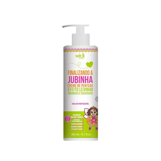 Creme de Pentear Jubinha Efeito Levinho Widi Care 300 ml: frasco branco e verde, com fada desenhada, de frente