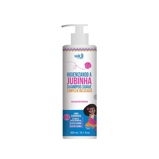 Shampoo Higienizando a Jubinha Widi Care 300 ml: frasco branco e azul, com sereia desenhada, de frente