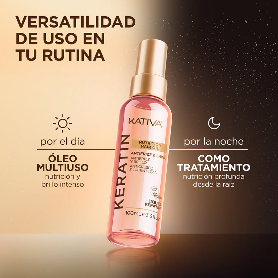 Kativa Keratin Nutrition Hair Oil Óleo Capilar Antifrizz e Brilho: usos de dia e de noite