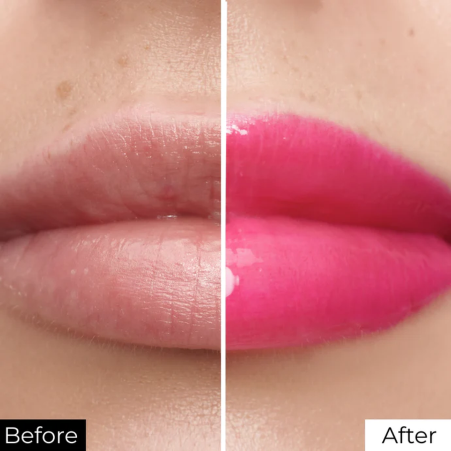 Antes e depois com Lamel All In One Óleo Labial com Cor e Efeito Volume 3ml Nº 402