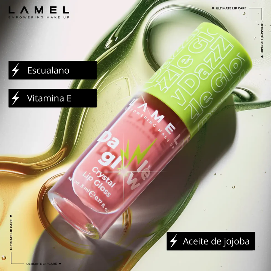 Lamel Dazzle Glow Gloss Labial de Brilho Espelhado 5ml Nº 401, painel da marca com as características