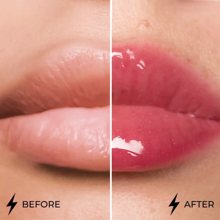 Antes e depois com Lamel Dazzle Glow Gloss Labial de Brilho Espelhado 5ml Nº 407