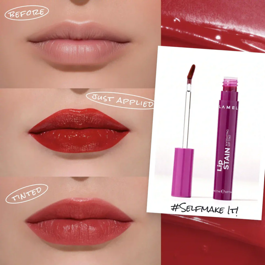 Antes e depois com Lamel Lip Stain Tinta Labial Hidratante com Brilho 2,7ml Nº 03