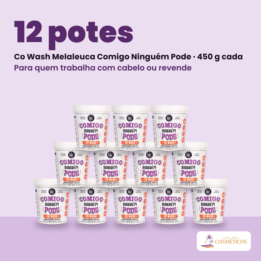 Pack de 12 potes de Co Wash Melaleuca Comigo Ninguém Pode de 450 g da Lola From Rio, empilhados. Para quem trabalha com cabelo ou revende.