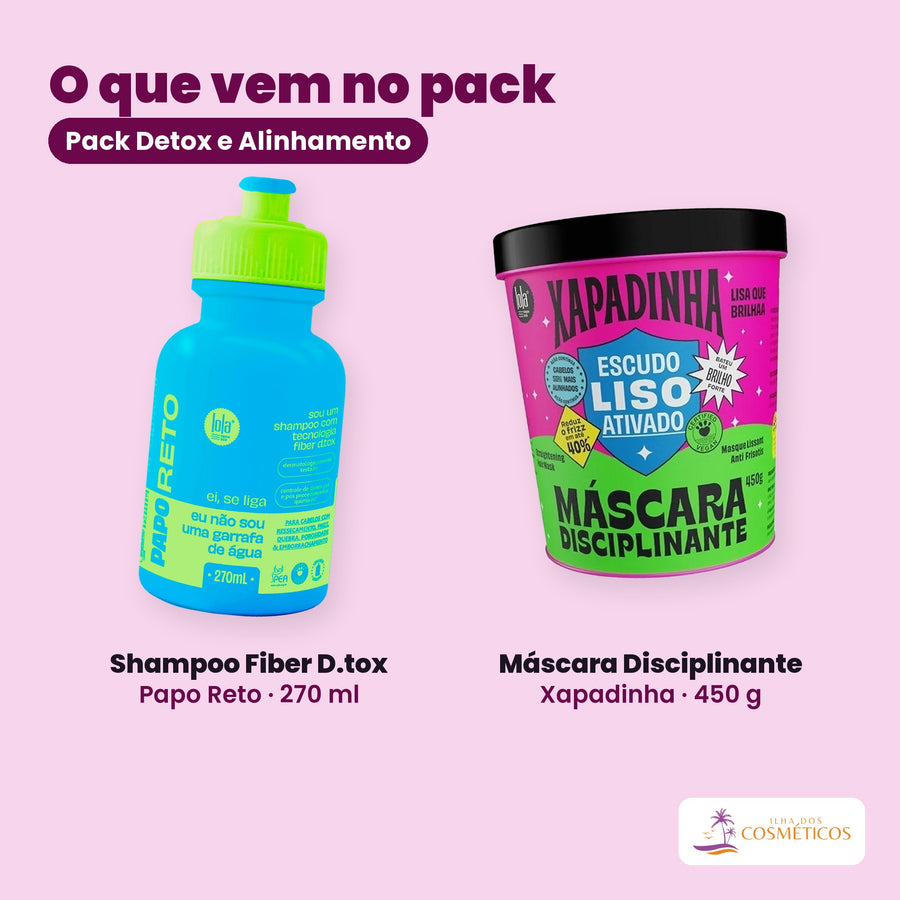 O que vem no Pack Detox e Alinhamento: o Shampoo Fiber D.tox Papo Reto de 270 ml e a Máscara Disciplinante Xapadinha de 450 g, lado a lado sobre fundo liso, com o nome de cada um por baixo.