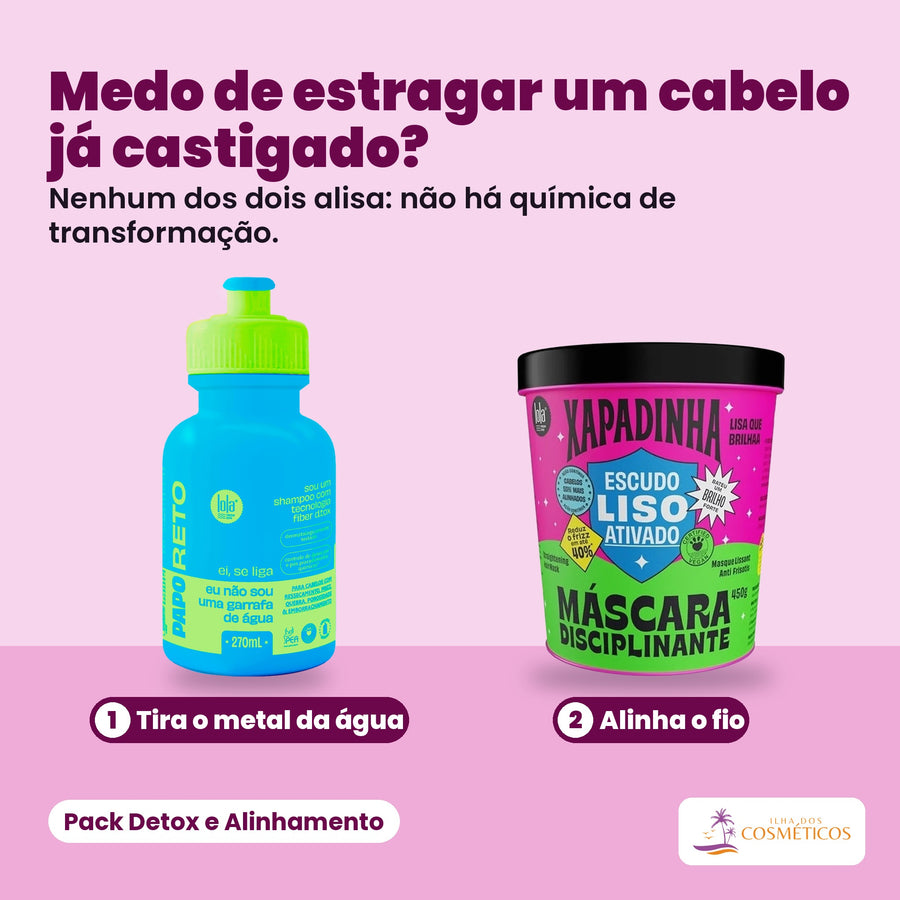 Pack Detox e Alinhamento: o Shampoo Fiber D.tox Papo Reto de 270 ml e a Máscara Disciplinante Xapadinha de 450 g, pela ordem de uso (tira o metal da água, alinha o fio).