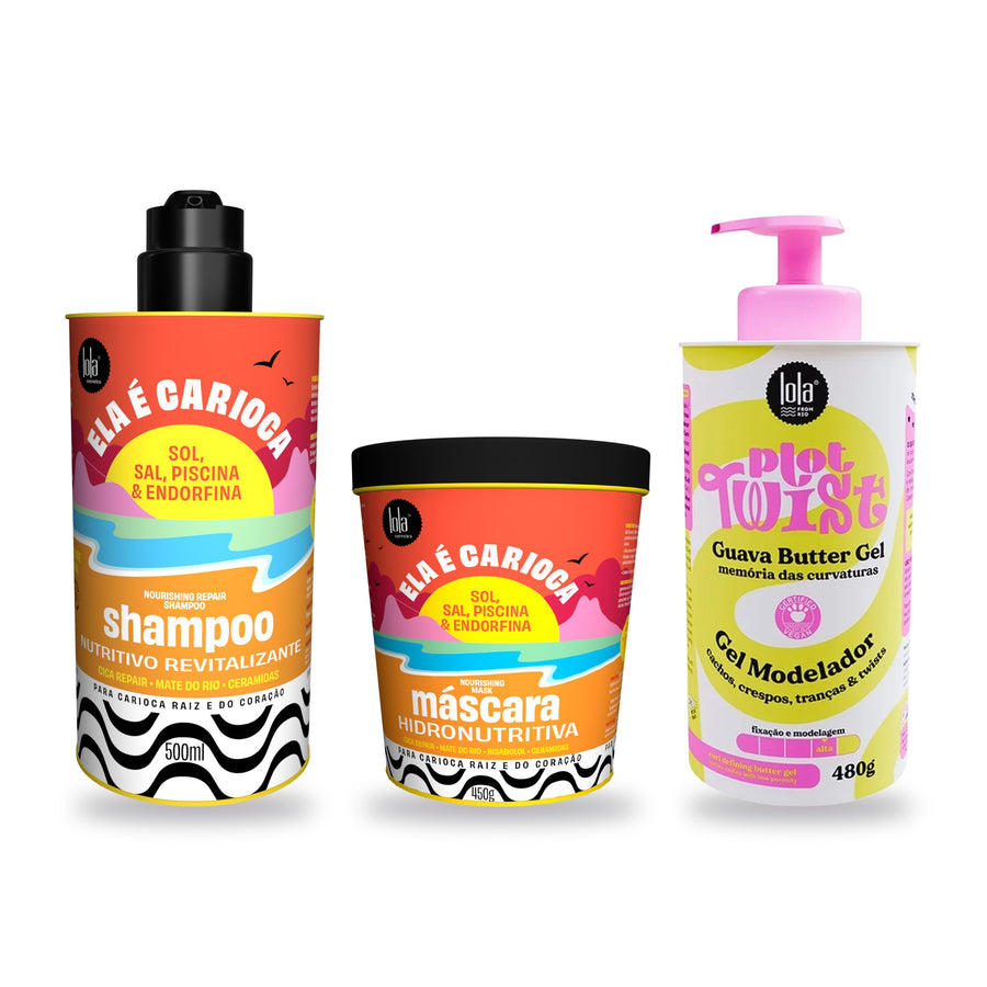 Pack Ela é Carioca Completo da Lola From Rio com o Shampoo Nutritivo Ela é Carioca de 500 ml, a Máscara Hidronutritiva Ela é Carioca de 450 g e o Butter Gel Modelador Plot Twist Guava de 480 g, de frente, sobre fundo branco.