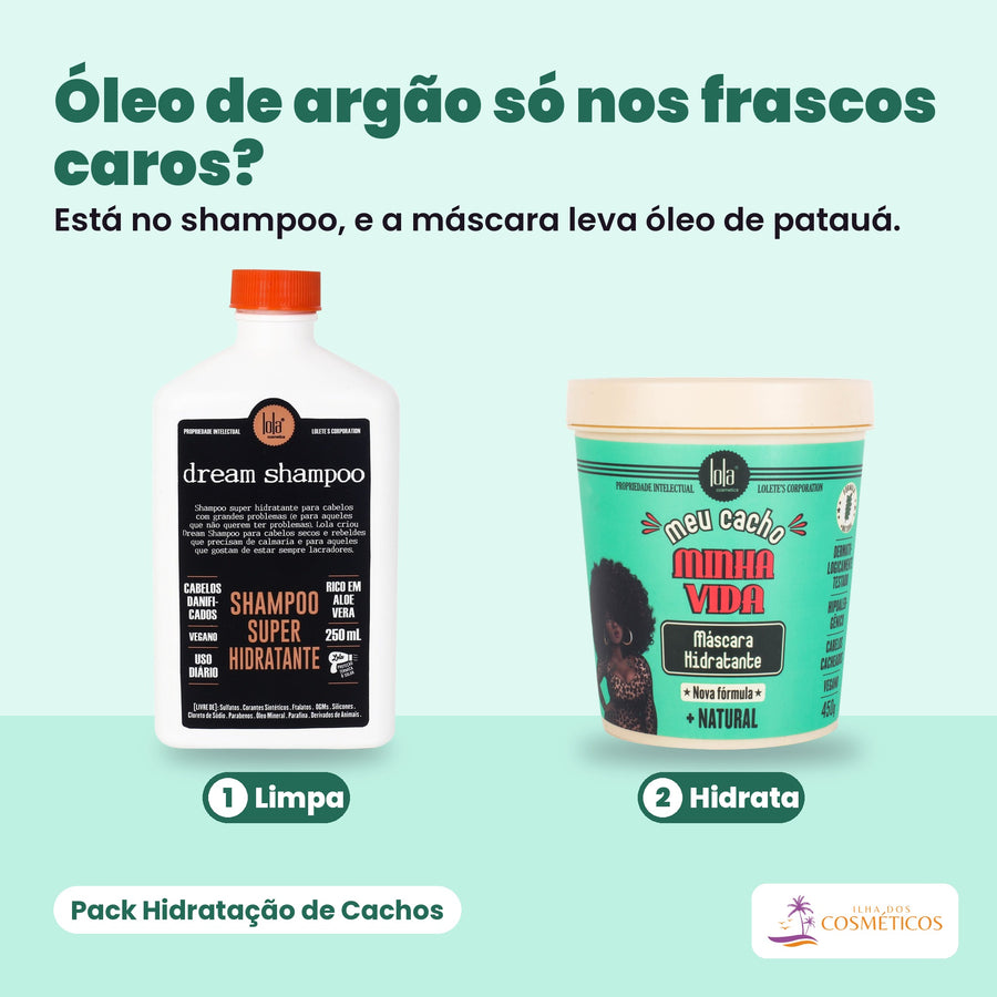 Pack Hidratação de Cachos: o Shampoo Super Hidratante Dream de 250 ml e a Máscara Hidratante Meu Cacho Minha Vida de 450 g, pela ordem de uso (limpa, hidrata).