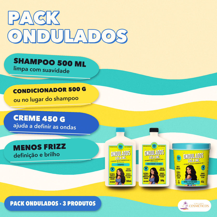 Pack Ondulados Lola Shampoo, Condicionador e Texturizador: apresentação dos três produtos, com o creme de 450 g