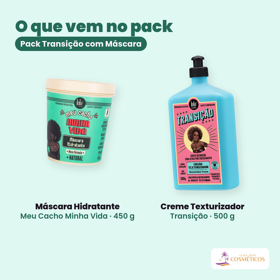 O que vem no Pack Transição com Máscara: a Máscara Hidratante Meu Cacho Minha Vida de 450 g e o Creme Texturizador Transição de 500 g, lado a lado sobre fundo liso, com o nome de cada um por baixo.