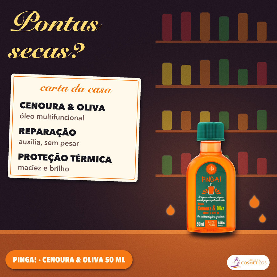 Óleo Pinga Lola Cenoura e Oliva Pré e Pós Sol: apresentação para pontas secas, com reparação e proteção térmica