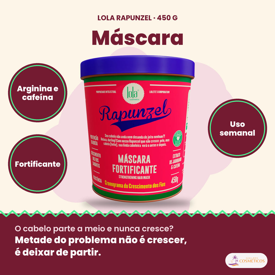 Máscara Rapunzel Lola Fortificante Anti-Queda: cartaz com o pote e os destaques arginina e cafeína, fortificante, uso semanal