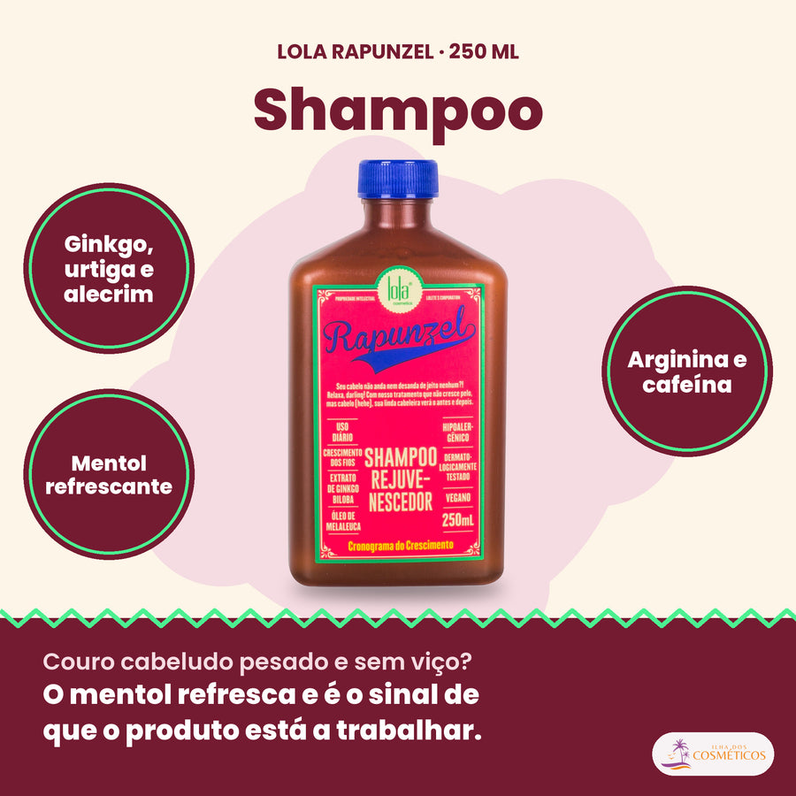 Shampoo Rapunzel Lola Rejuvenescedor Anti-Queda: cartaz com o frasco e os ativos ginkgo, urtiga, alecrim, mentol e cafeína