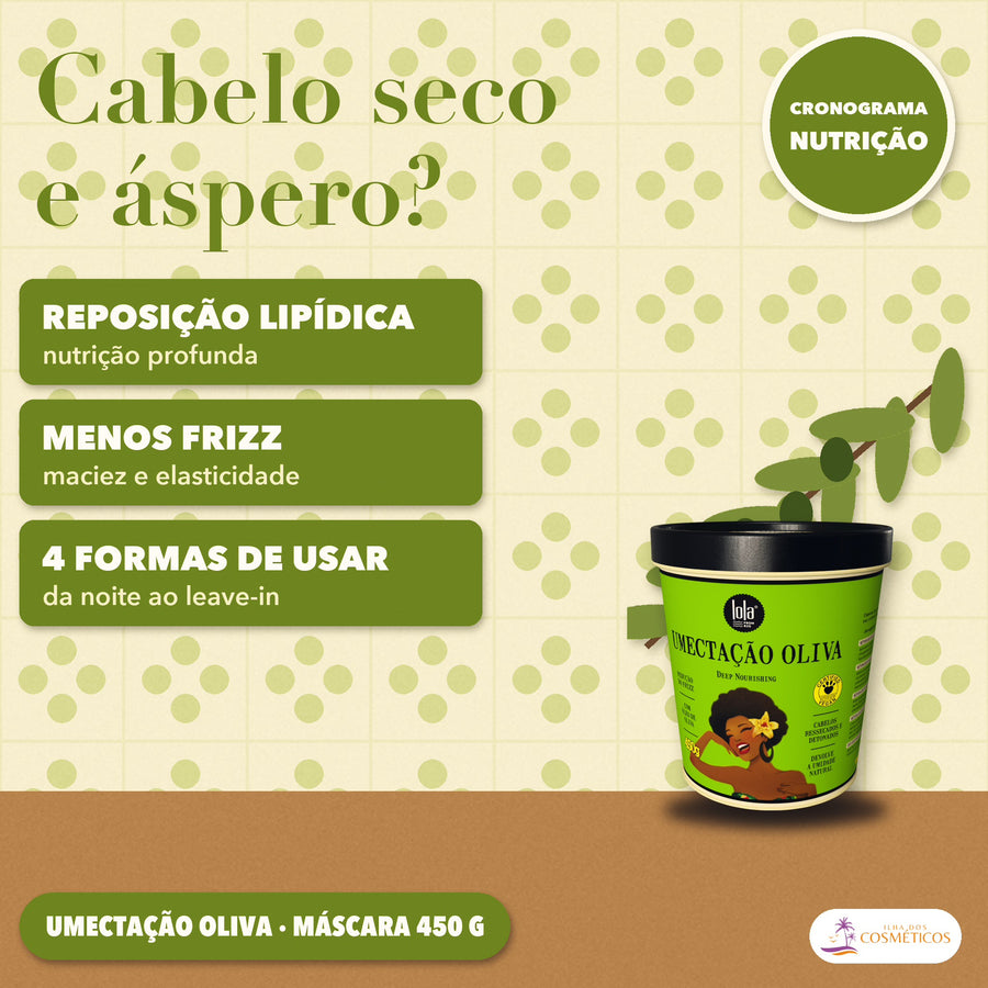 Umectação Oliva Lola Máscara para Cabelo Seco: apresentação, reposição lipídica, menos frizz, quatro formas de usar
