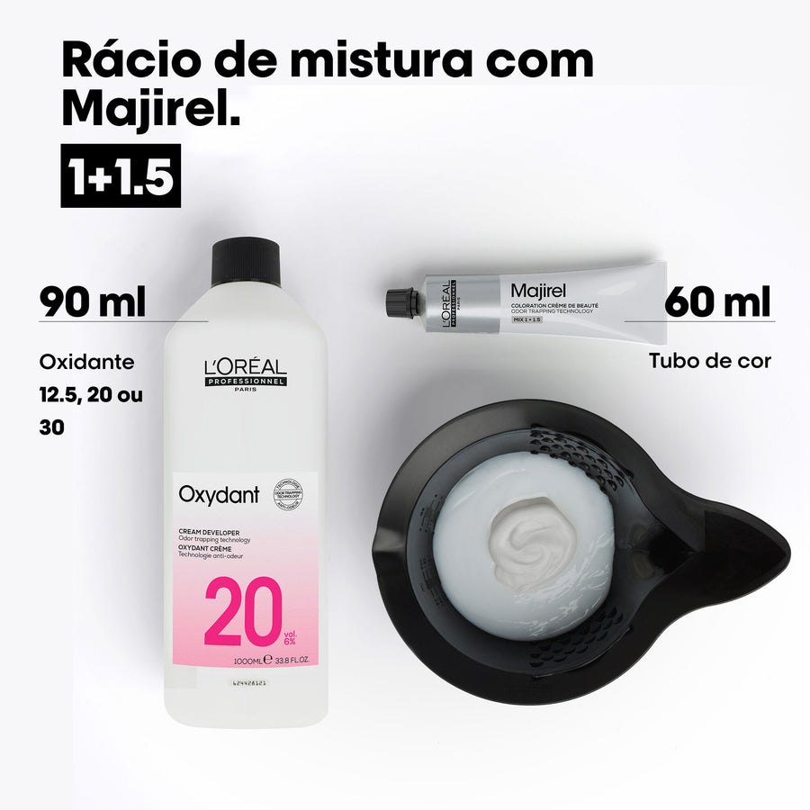 Rácio de mistura do Majirel: 60 ml de coloração para 90 ml de oxidante de 12,5, 20 ou 30 volumes