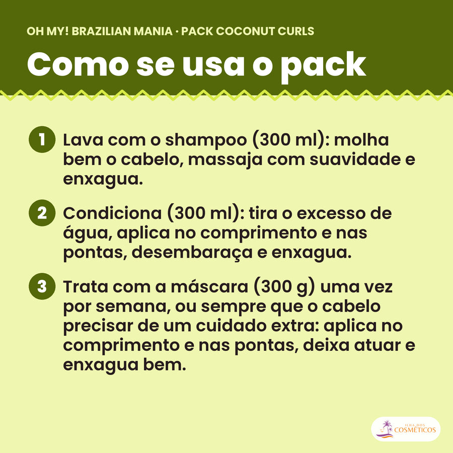 Como se usa o Pack Coconut Curls: shampoo, condicionador e máscara