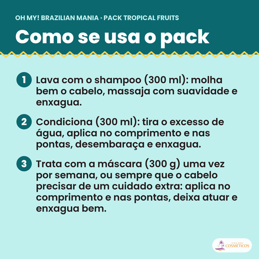Como se usa o Pack Tropical Fruits: shampoo, condicionador e máscara