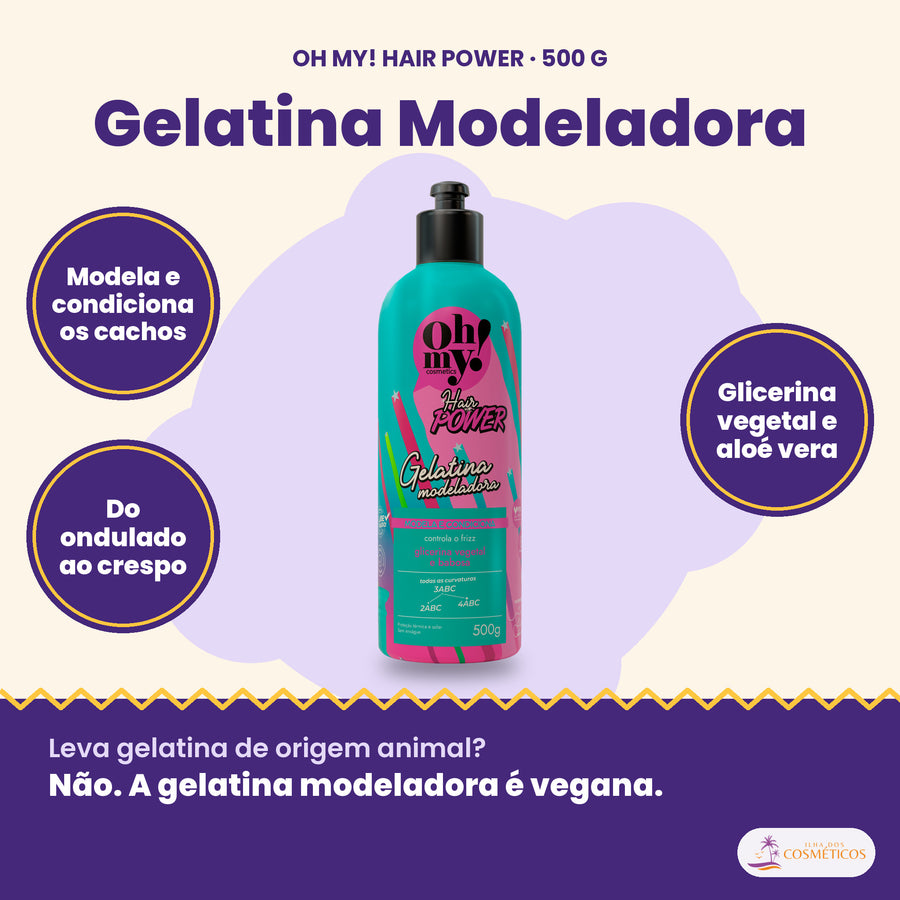 Gelatina Modeladora Hair Power Oh My! 500 g: modela e condiciona os cachos, do ondulado ao crespo, glicerina vegetal e aloé vera