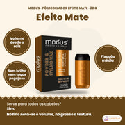 Modus pó modelador Efeito Mate 20 g, volume com acabamento mate, sem brilho nem toque pegajoso