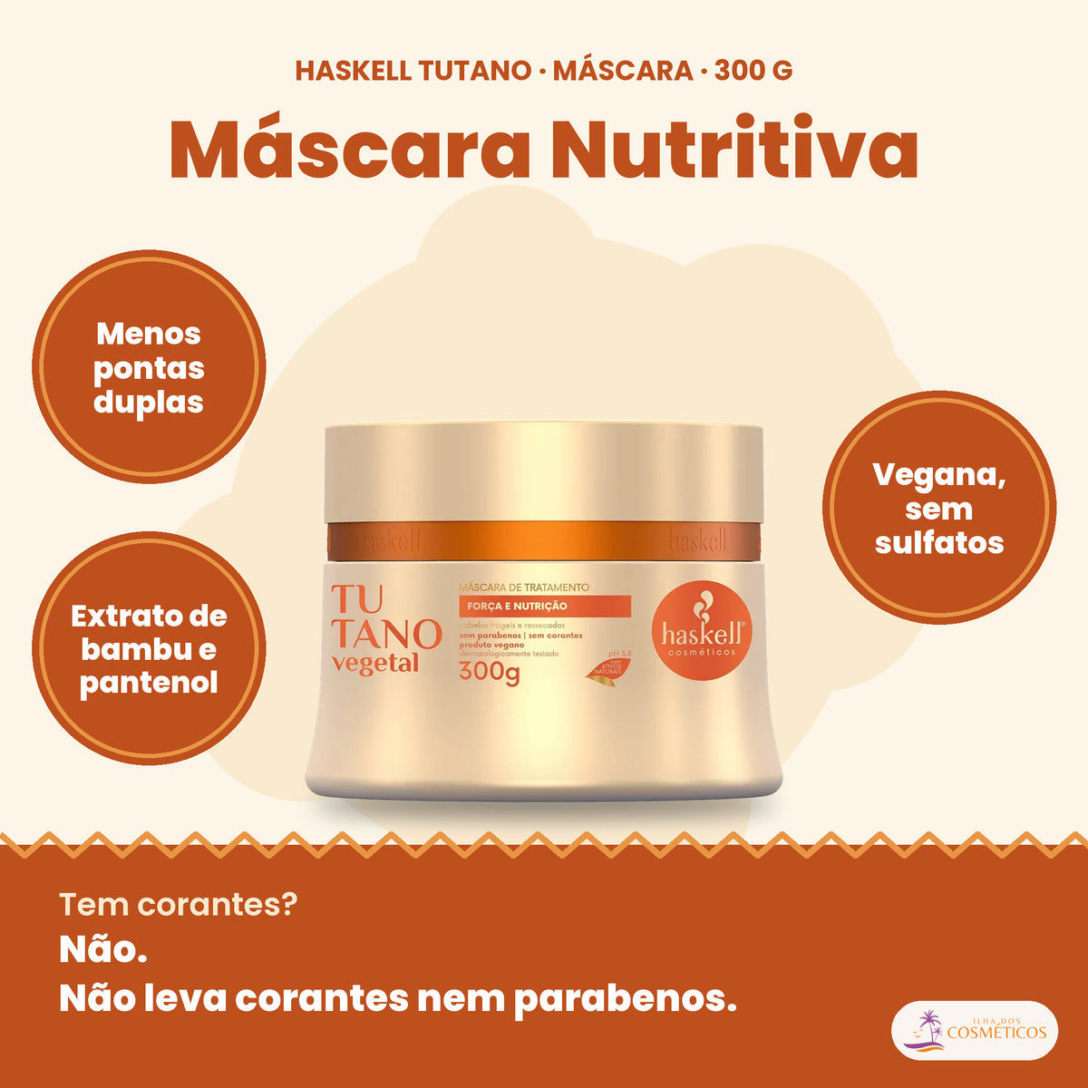 Haskell Tutano Máscara Nutritiva: Menos pontas duplas, extrato de bambu e pantenol, vegana, sem sulfatos