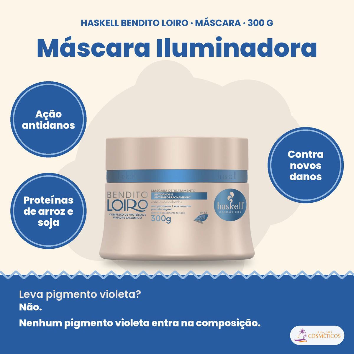 Haskell Bendito Loiro Máscara Iluminadora: Ação antidanos, proteínas de arroz e soja, contra novos danos
