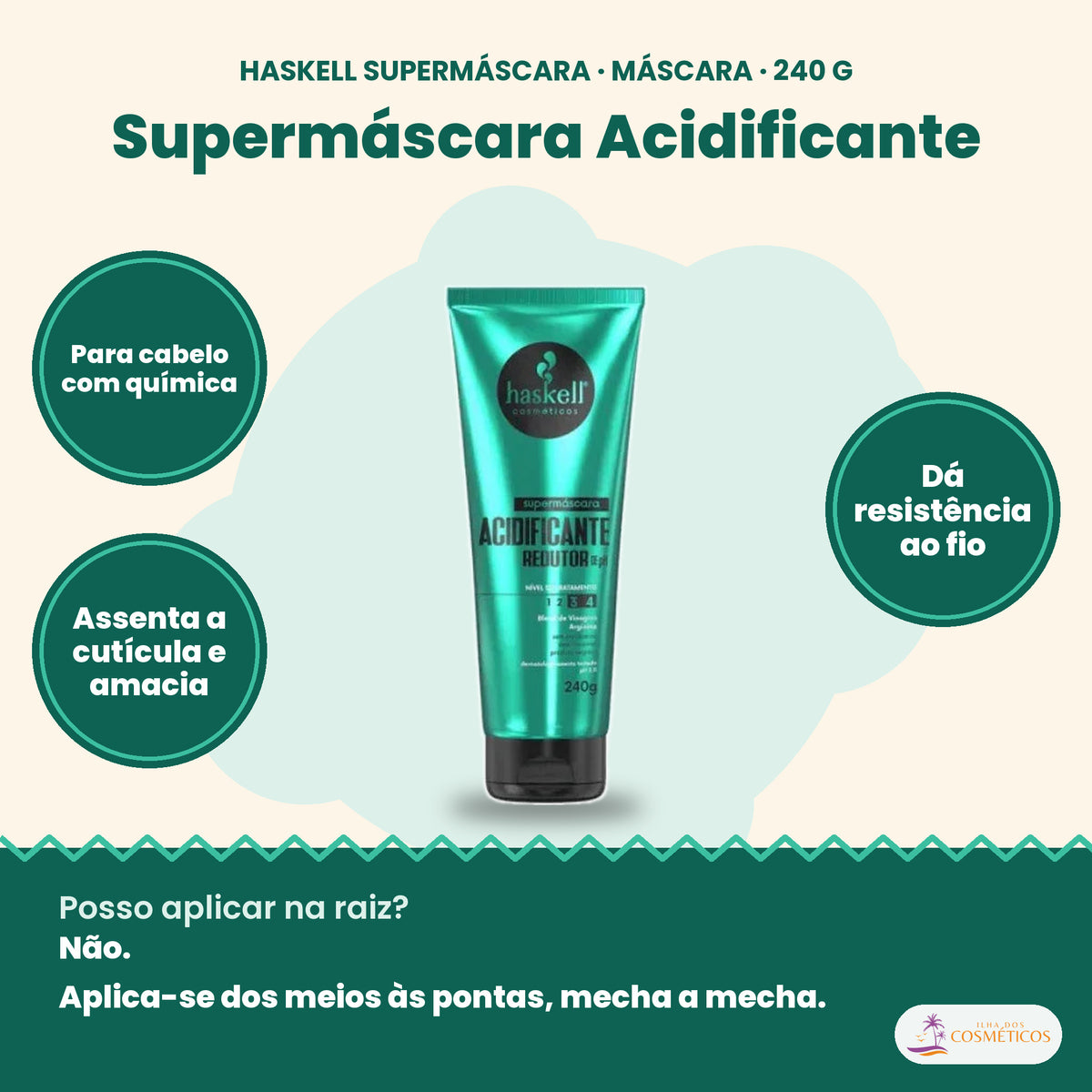 Haskell Supermáscara Acidificante: Para cabelo com química, assenta a cutícula e amacia, dá resistência ao fio