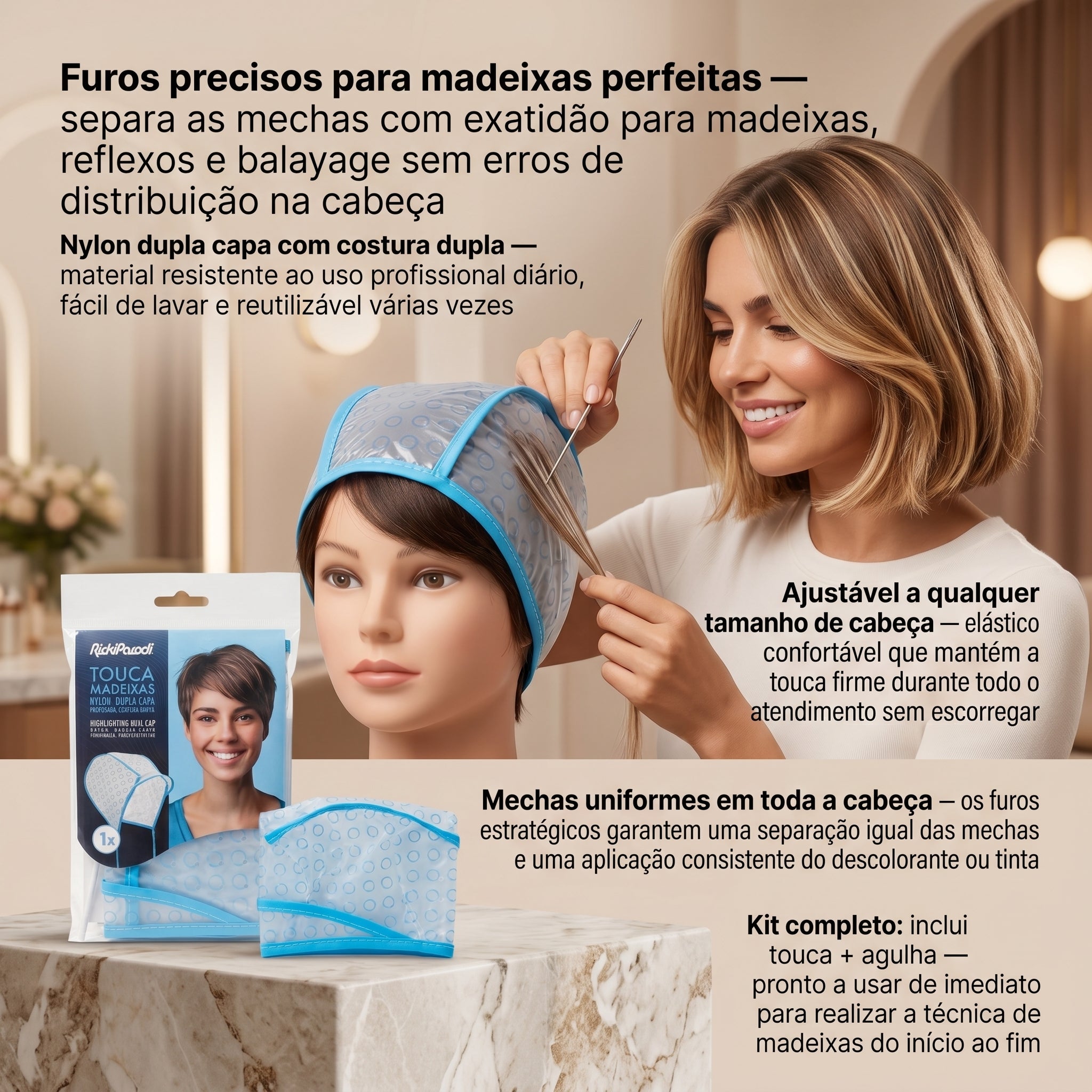 RickiParodi Touca Madeixas Nylon Dupla Capa Perfurada