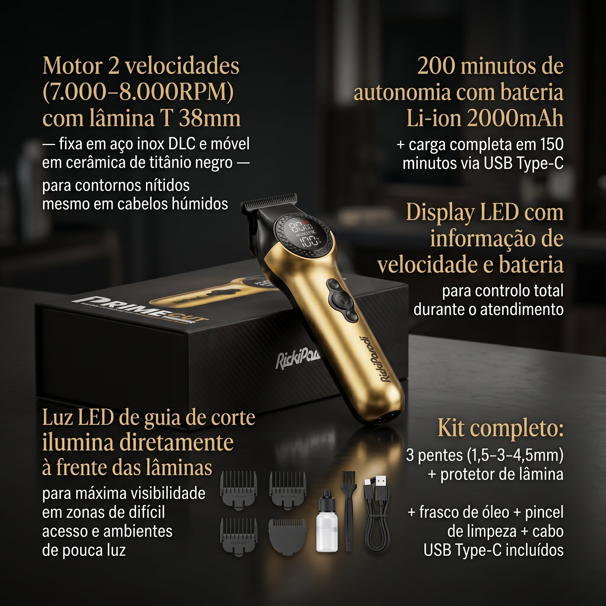 RickiParodi Prime Cut Trimmer Máquina de Contornos Sem Fio 8.000RPM