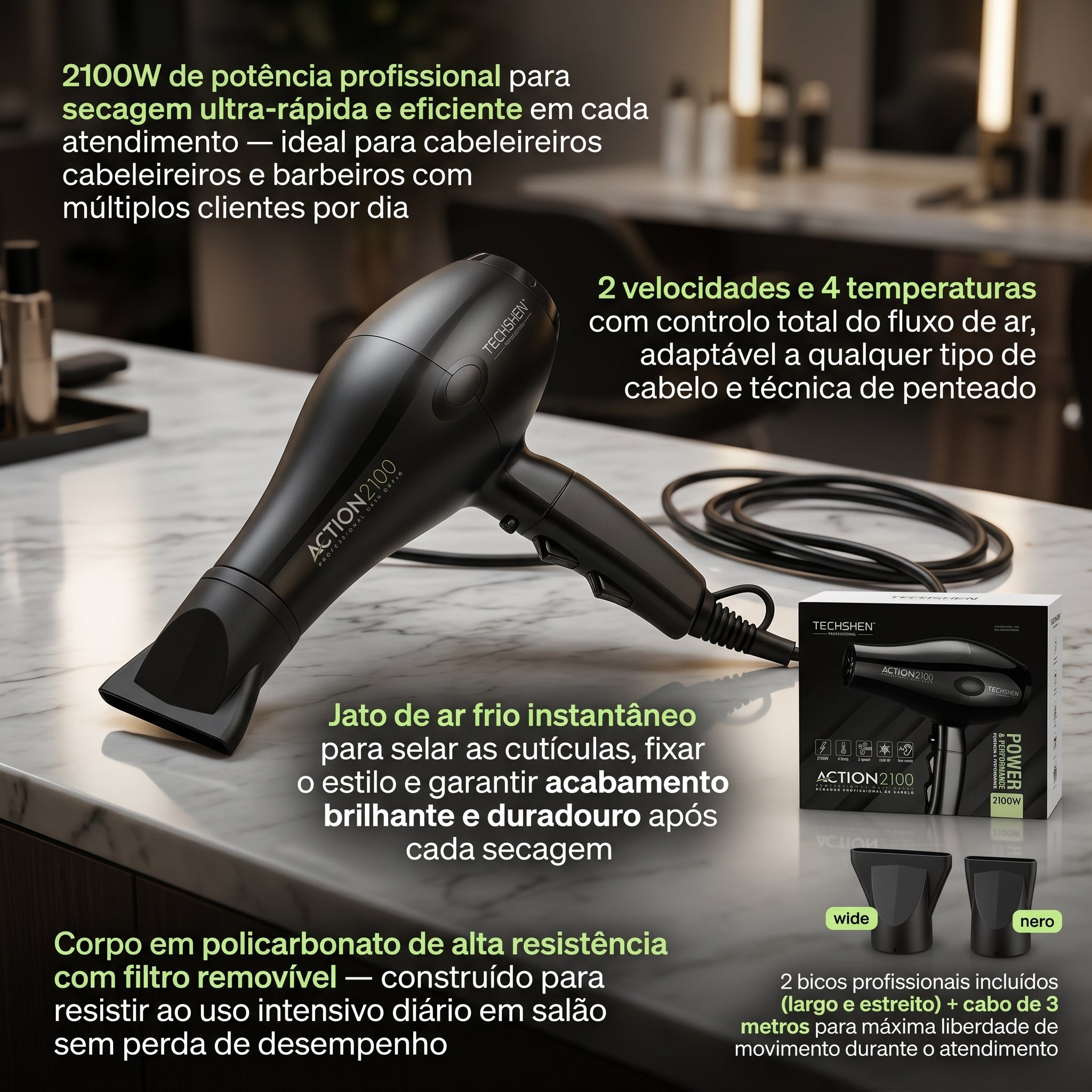Techshen Professional Action 2100 Secador de Cabelo Profissional 2100W