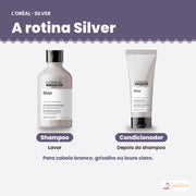 Shampoo L'Oréal Professionnel Silver 300 ml ao lado dos outros produtos da linha